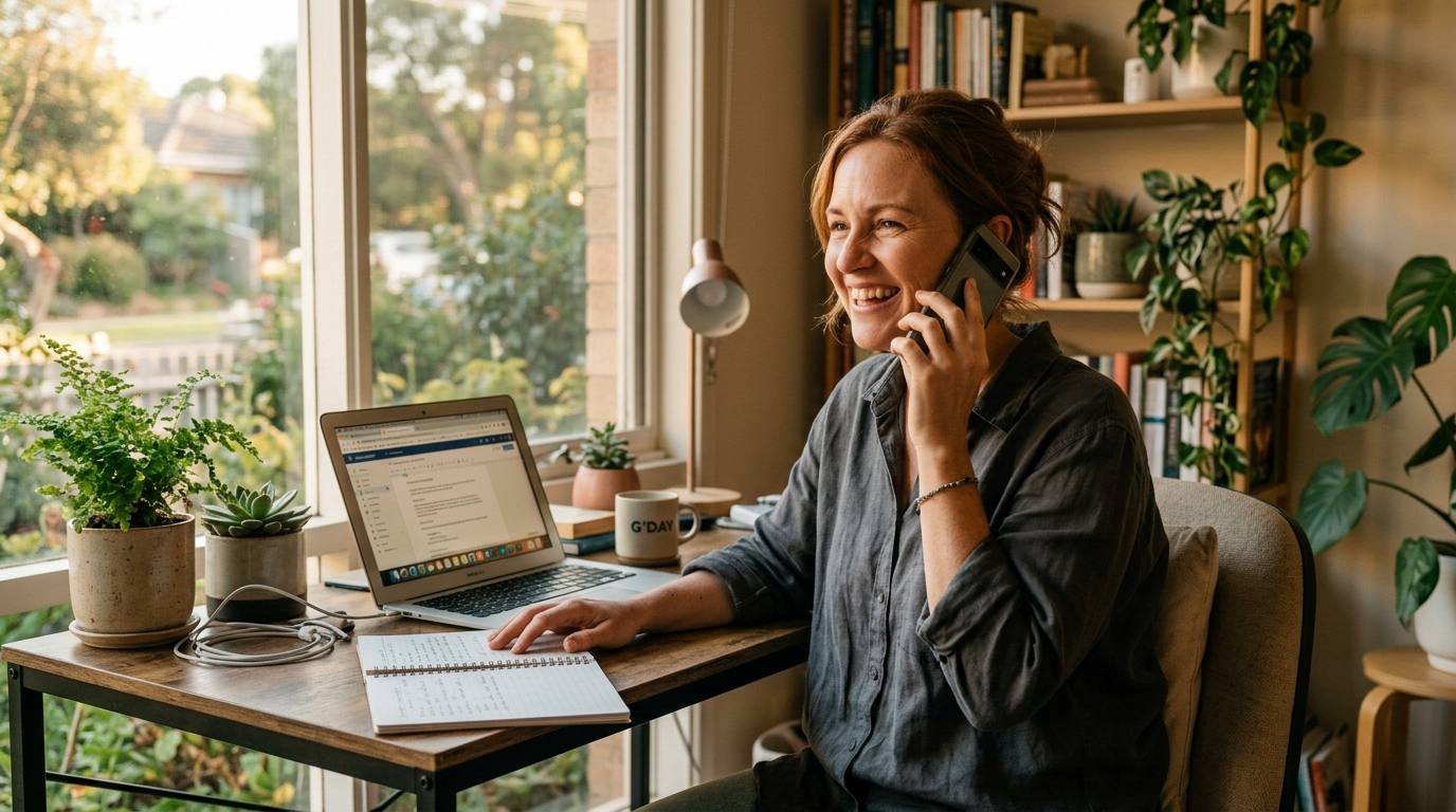 A friendly AllCare team member smiling on the phone at a warm home office desk