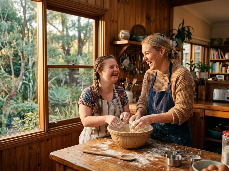 Participant and support worker baking together