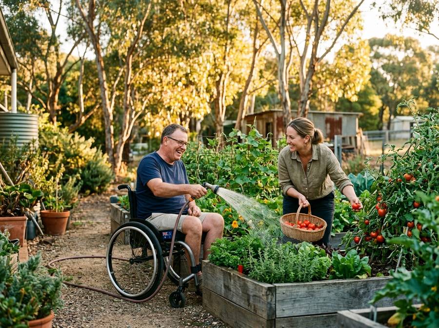 Man in a wheelchair watering the vegetable garden