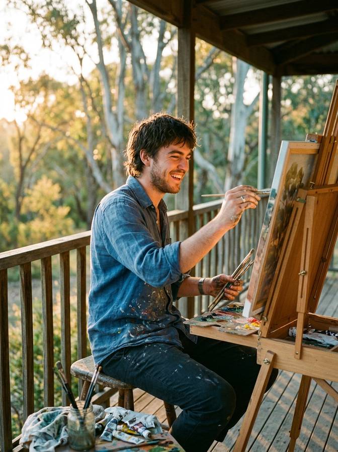 Young man painting at an easel on a verandah