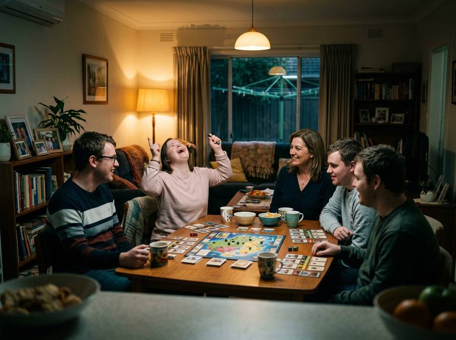 Housemates laughing over a board game