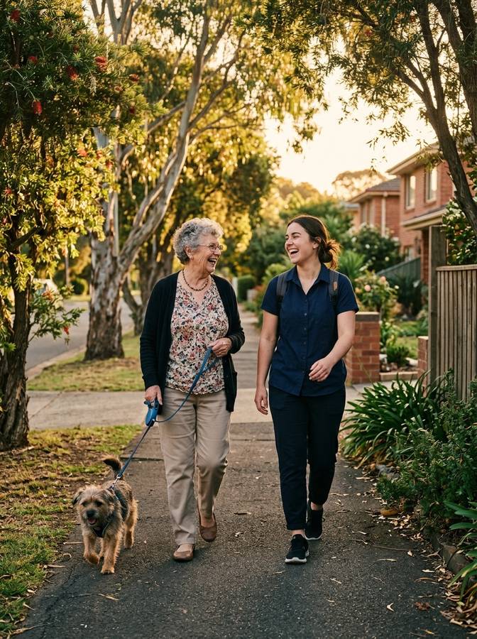 Walking the dog on a tree-lined footpath