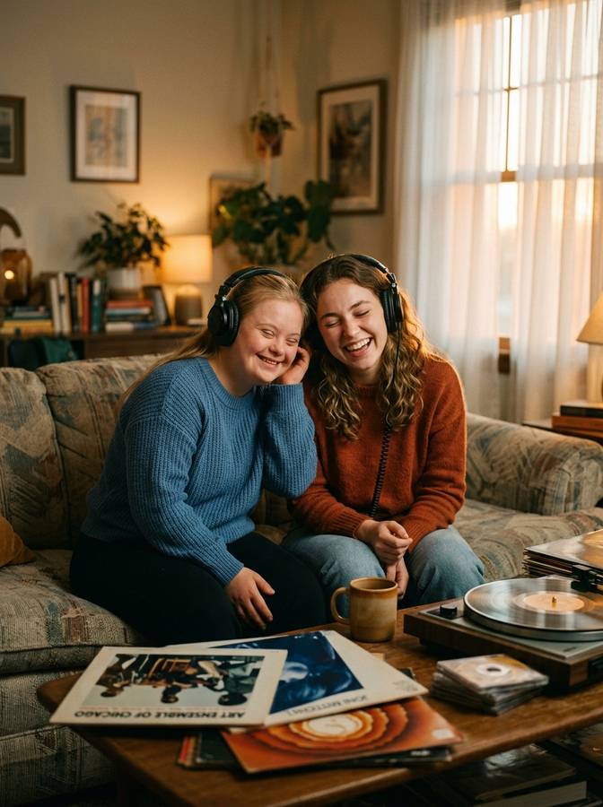 Two friends sharing headphones on the couch