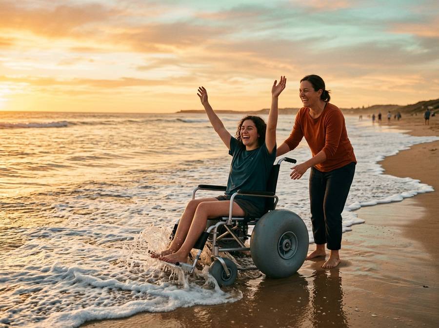 Beach day in a beach wheelchair at sunset